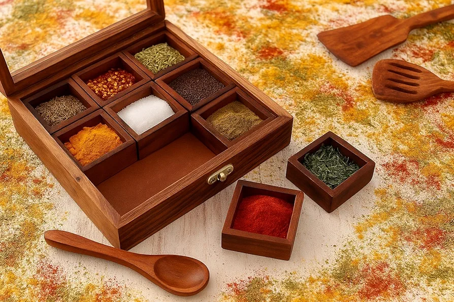 Sheesham Wood Spice Box with 2 Spoons – 9 Compartments Masala Box/Masala Dabba/Masala Container/Masala Dabba Organizer for Kitchen | Decorative Handmade Wooden Storage Box (Brown).